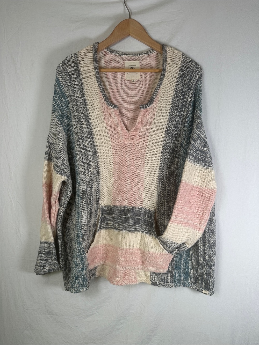Rip Curl Striped V-Neck Sweater in Pink, Cream & Gray